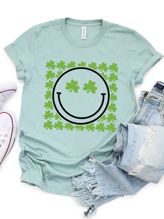 Clover Smiley Face Graphic Tee - St. Patricks Day