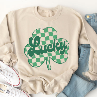 Checkered Clover Lucky Graphic Sweatshirt - St. Patricks Day