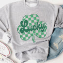 Large Gray Checkered Clover Lucky Graphic Sweatshirt - St. Patricks Day