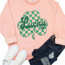 Large Peach Checkered Clover Lucky Graphic Sweatshirt - St. Patricks Day