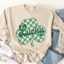 Medium Tan Checkered Clover Lucky Graphic Sweatshirt - St. Patricks Day