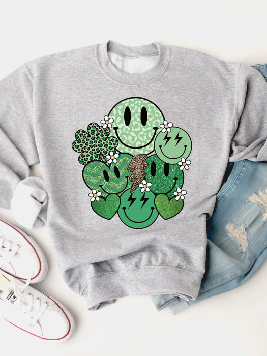 Smiley Clover Graphic Sweatshirt - St. Patricks Day