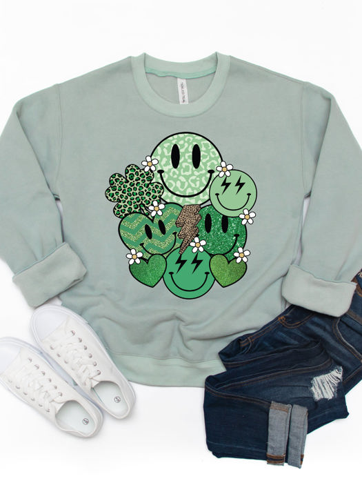 Smiley Clover Graphic Sweatshirt - St. Patricks Day