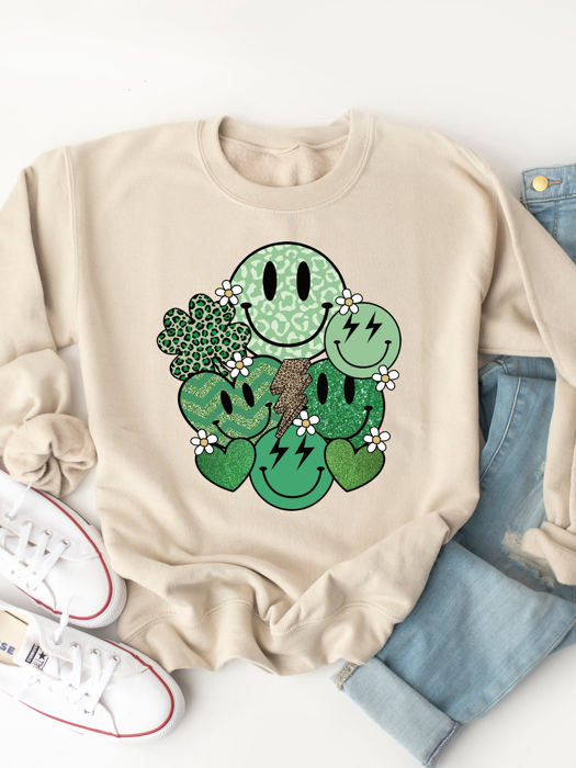 Smiley Clover Graphic Sweatshirt - St. Patricks Day