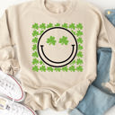 Large Tan Clover Smiley Graphic Sweatshirt - St. Patricks Day