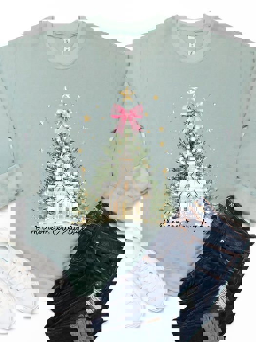 Let us Adore Him Christmas Chapel Graphic Sweatshirt