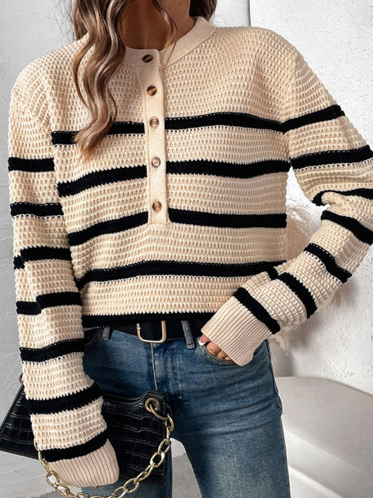 Striped Henley Open Knit Sweater