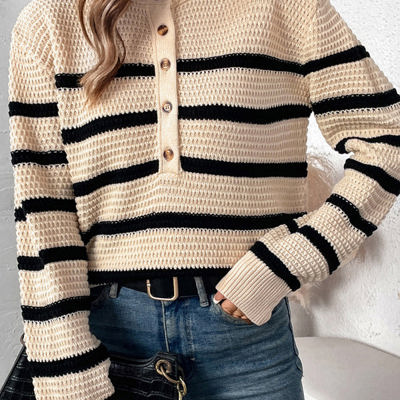 Striped Henley Open Knit Sweater