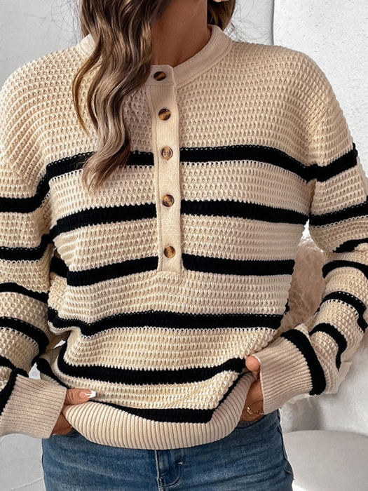 Striped Henley Open Knit Sweater