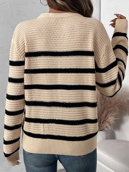 Striped Henley Open Knit Sweater