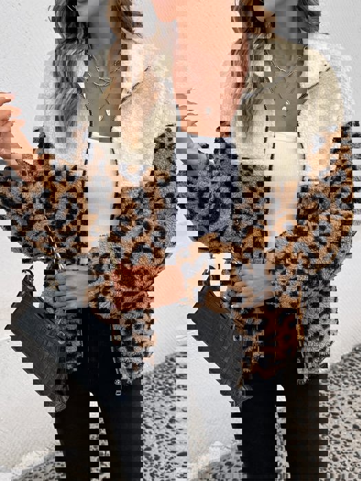 Colorblock Animal Print Sherpa Jacket