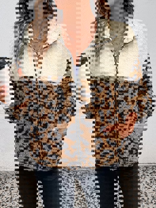 Colorblock Animal Print Sherpa Jacket