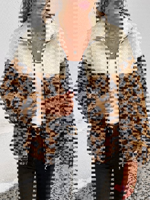 Colorblock Animal Print Sherpa Jacket