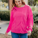 Large Hot Pink Raw Edge Detail Waffle Knit Top