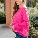 Large Hot Pink Raw Edge Detail Waffle Knit Top