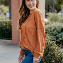 Large Orange Raw Edge Detail Waffle Knit Top