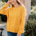 Large Yellow Raw Edge Detail Waffle Knit Top