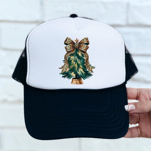 Cheetah Print Bow Christmas Tree Trucker Hat