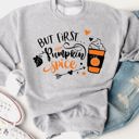 Large Gray But First... Pumpkin Spice Latte Graphic Sweatshirt