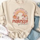 Medium Tan Fall Rainbow Pumpkin Please Graphic Sweatshirt