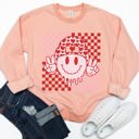 Large Peach Checker Valentine Smiley Face Graphic Sweatshirt