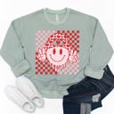 Large Sage Checker Valentine Smiley Face Graphic Sweatshirt