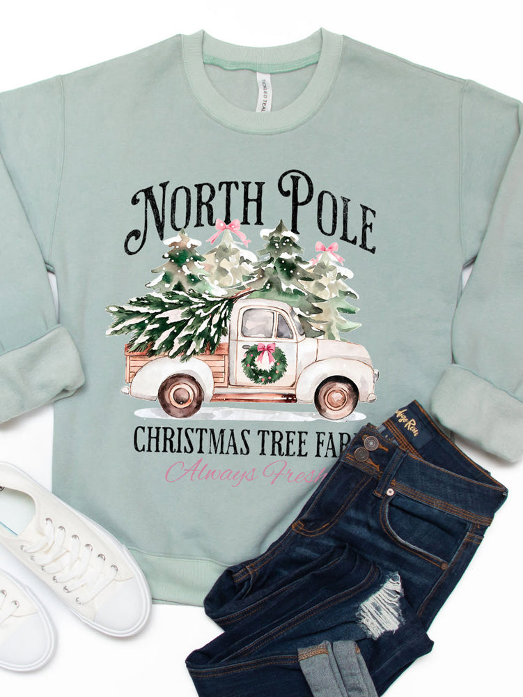 North Pole Christmas Tree Farm Truck Graphic Sweatshirt