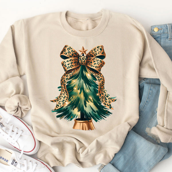 Cheetah Bow Christmas Tree Graphic Sweatshirt