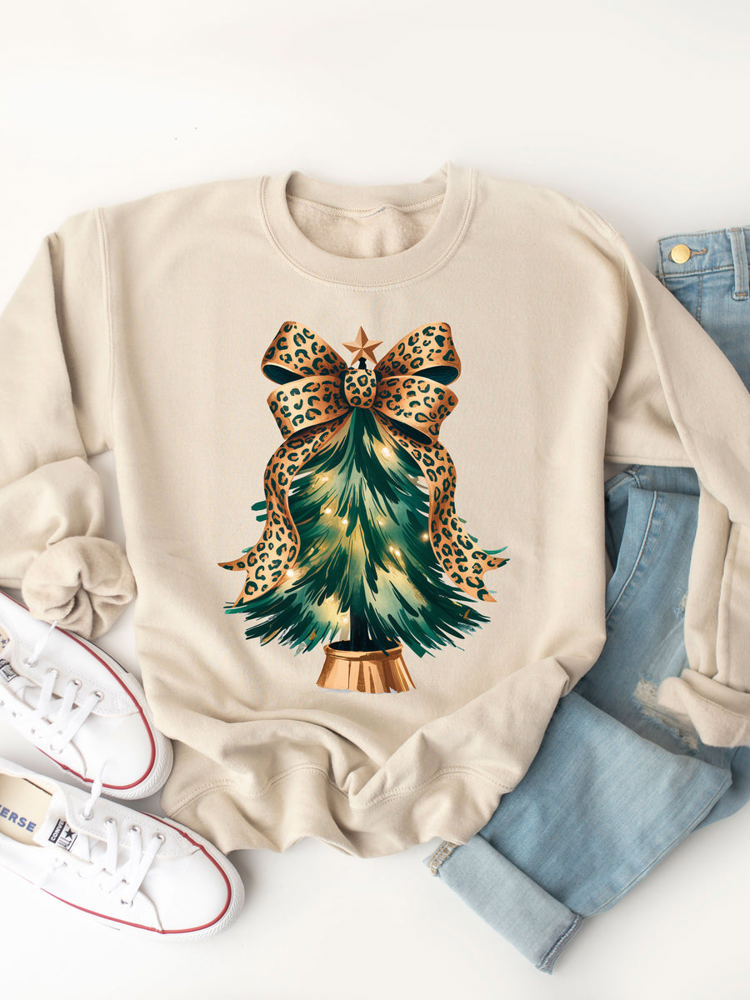 Cheetah Bow Christmas Tree Graphic Sweatshirt