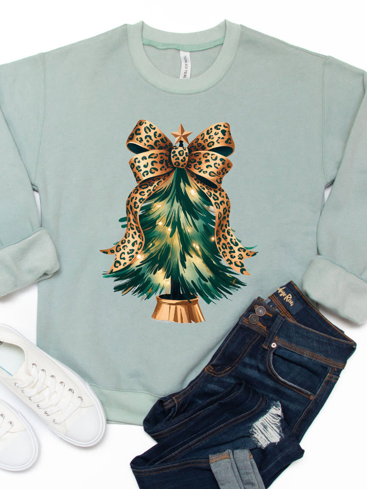 Cheetah Bow Christmas Tree Graphic Sweatshirt