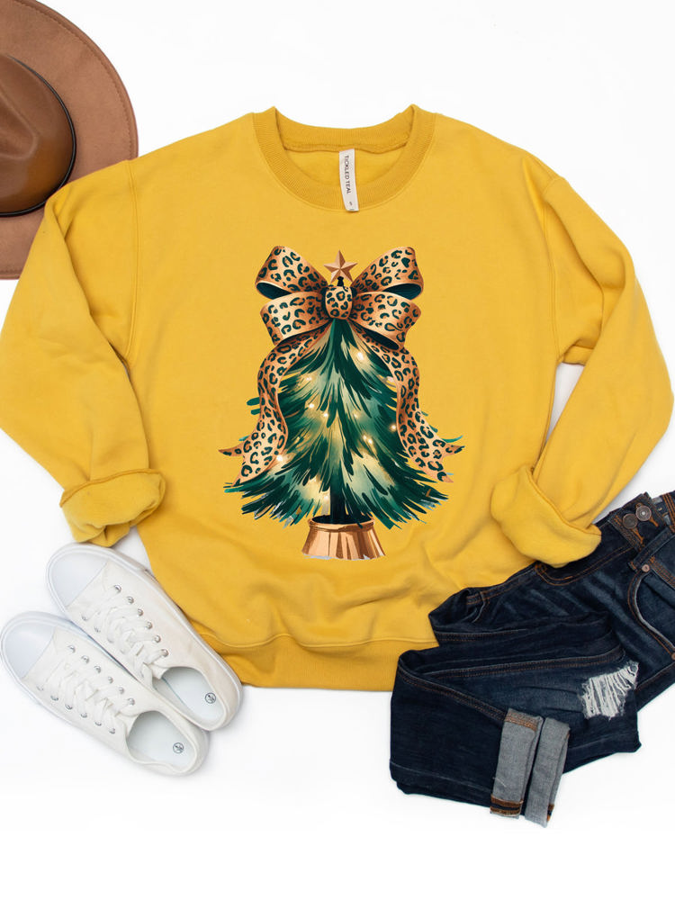 Cheetah Bow Christmas Tree Graphic Sweatshirt