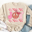 XL Tan Checkered Joy Graphic Sweatshirt