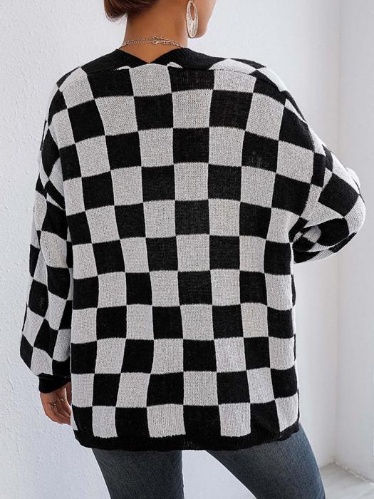 Checker Pattern Open Cardigan