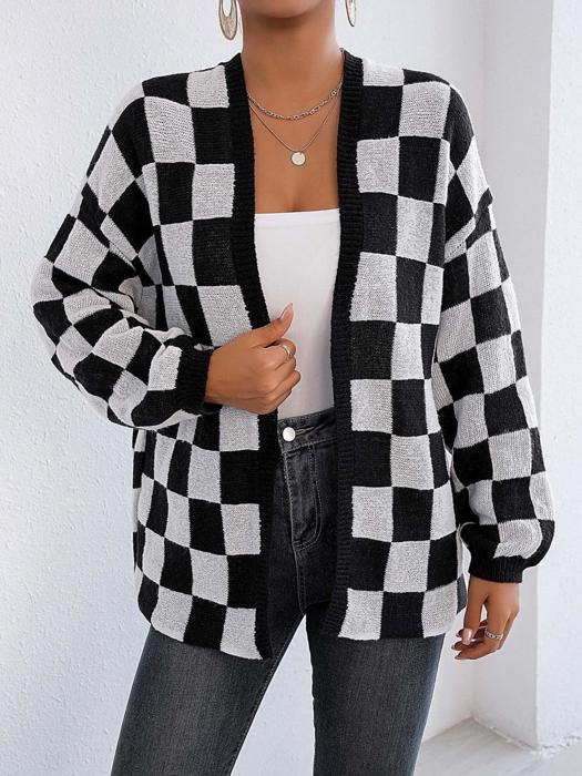 Checker Pattern Open Cardigan