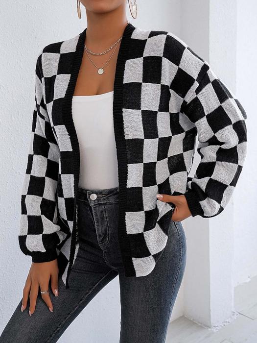 Checker Pattern Open Cardigan