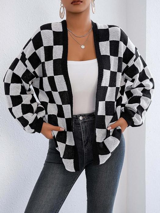 Checker Pattern Open Cardigan