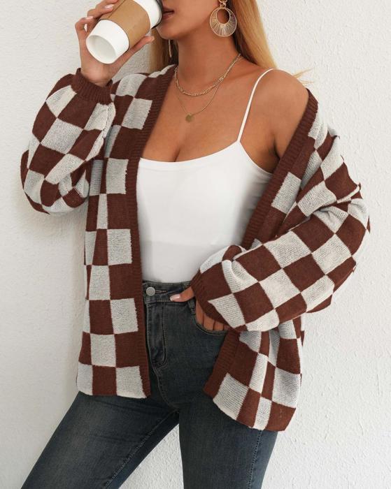 Checker Pattern Open Cardigan