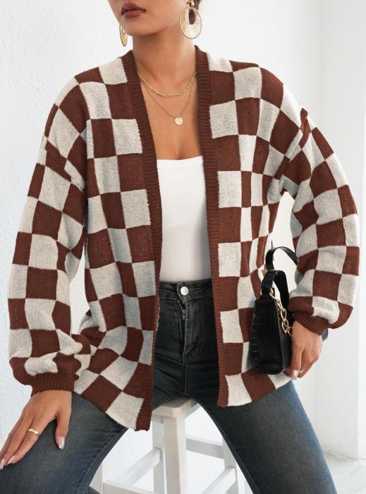 Checker Pattern Open Cardigan