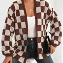 XL Brown Checker Pattern Open Cardigan