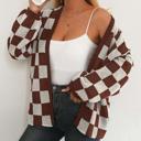 XL Brown Checker Pattern Open Cardigan