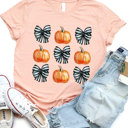 Small Peach Striped Bows & Pumpkins Graphic Tee