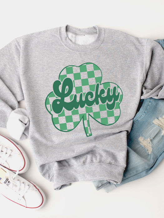 Checkered Clover Lucky Graphic Sweatshirt - St. Patricks Day