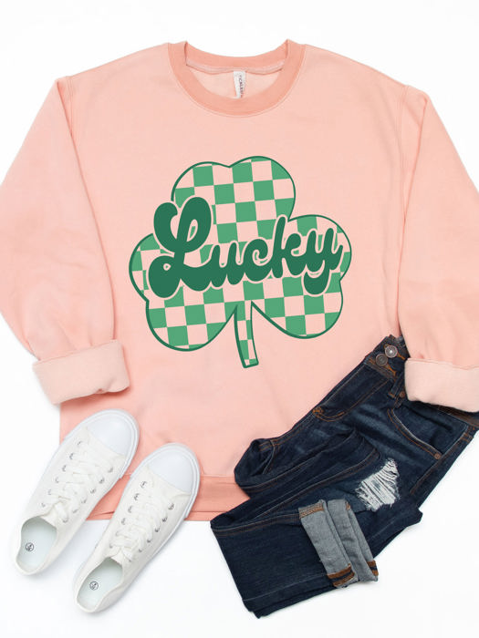 Checkered Clover Lucky Graphic Sweatshirt - St. Patricks Day