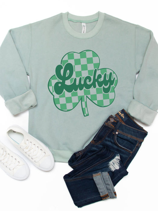 Checkered Clover Lucky Graphic Sweatshirt - St. Patricks Day