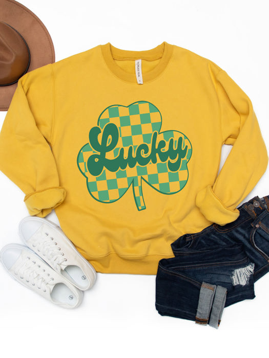 Checkered Clover Lucky Graphic Sweatshirt - St. Patricks Day