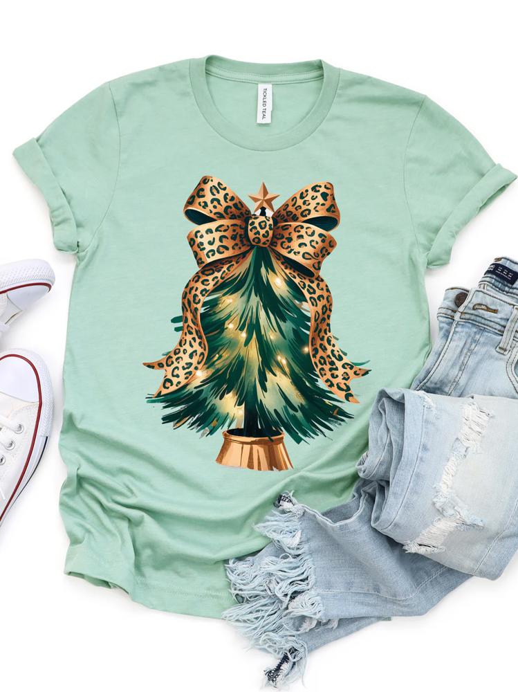 Cheetah Bow Christmas Tree Graphic Tee