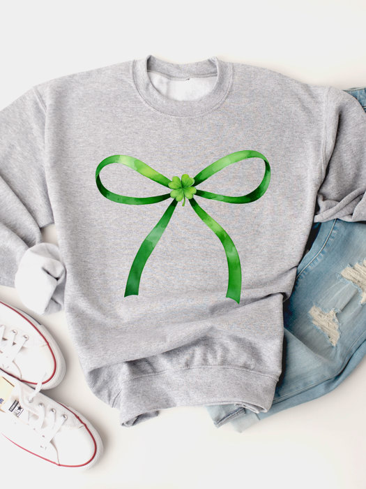 Green Bow and Clover Graphic Sweatshirt 