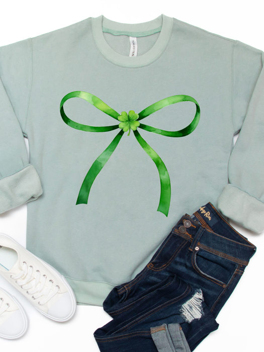 Green Bow and Clover Graphic Sweatshirt 