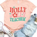 Small Peach Holly Jolly Teacher Graphic Tee