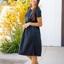 Medium Black Solid Gathered Waist Side Pocket Penelope Dress